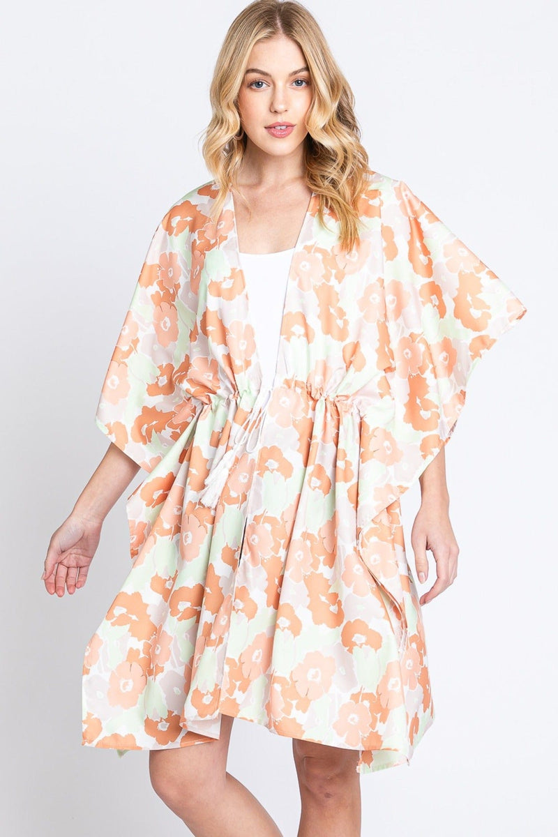 MS0365 Serenity Flower Print Drawstring Kimono - MiMi Wholesale