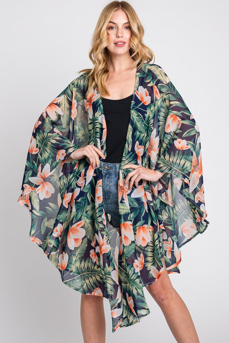 MS0366 Tropical Flower Leaves Kimono - MiMi Wholesale