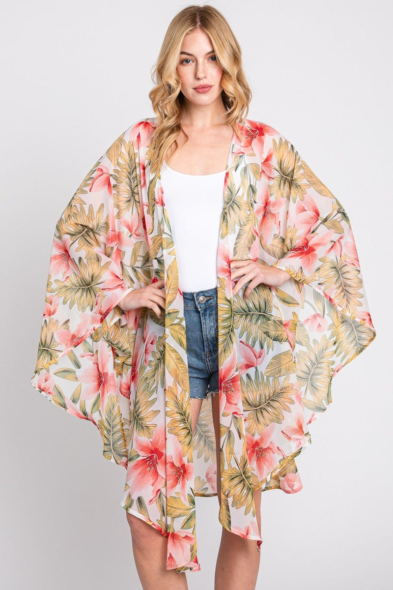 MS0366 Tropical Flower Leaves Kimono - MiMi Wholesale