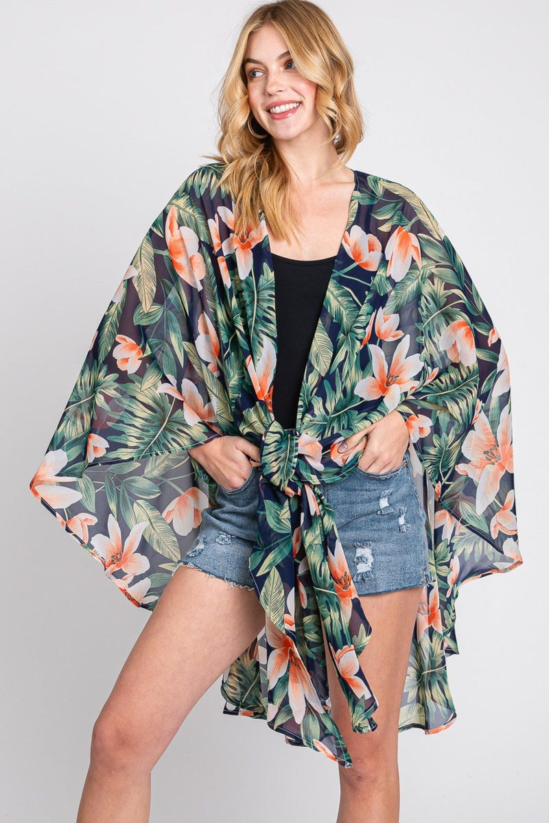 MS0366 Tropical Flower Leaves Kimono - MiMi Wholesale