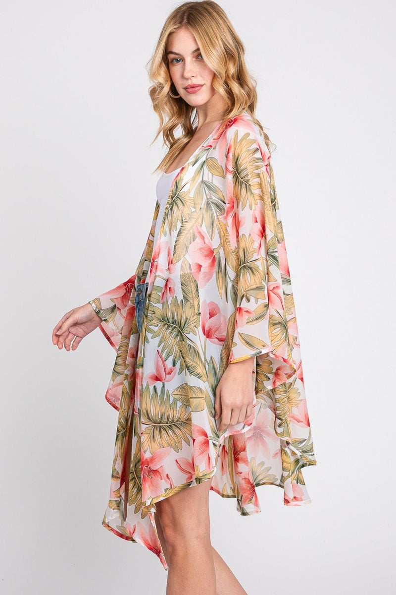 MS0366 Tropical Flower Leaves Kimono - MiMi Wholesale