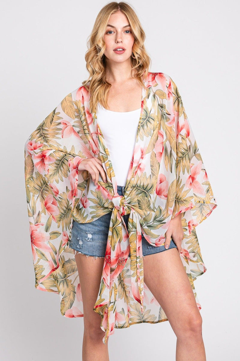 MS0366 Tropical Flower Leaves Kimono - MiMi Wholesale