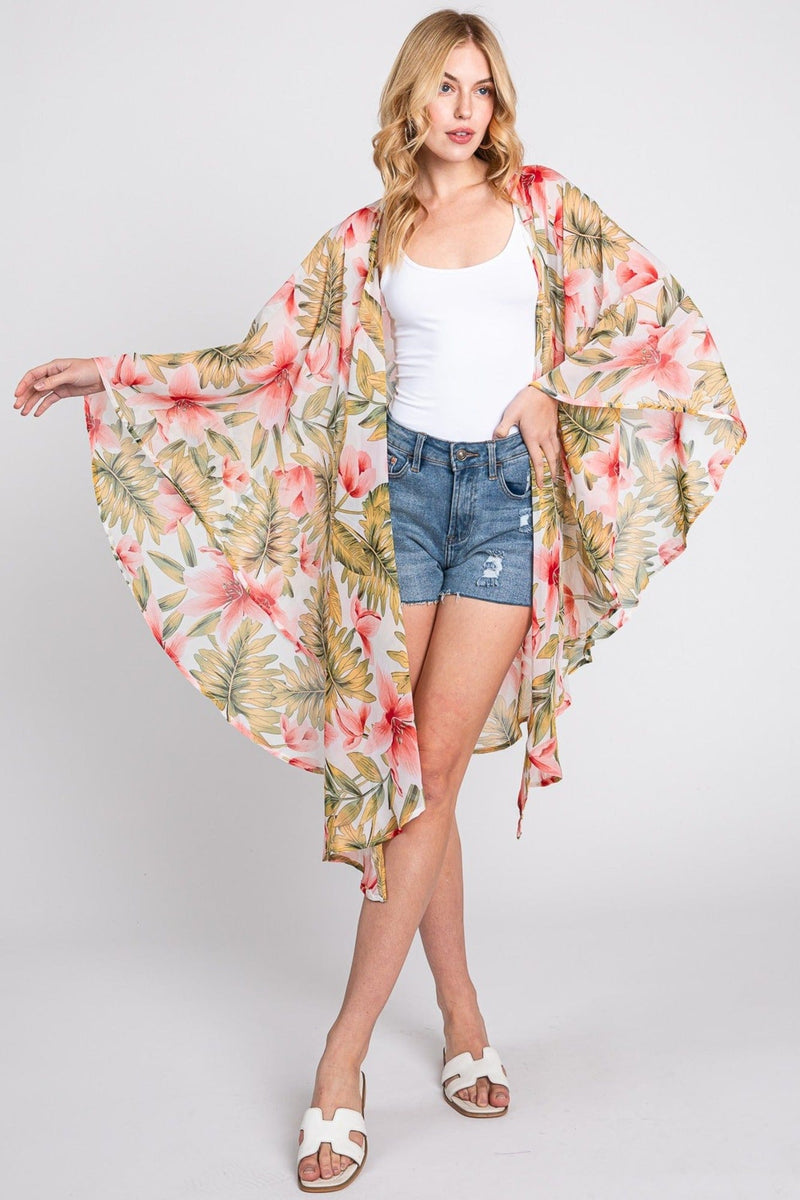 MS0366 Tropical Flower Leaves Kimono - MiMi Wholesale