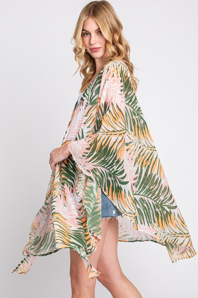 MS0368 Lyla Tropical Leaves Print Kimono - MiMi Wholesale