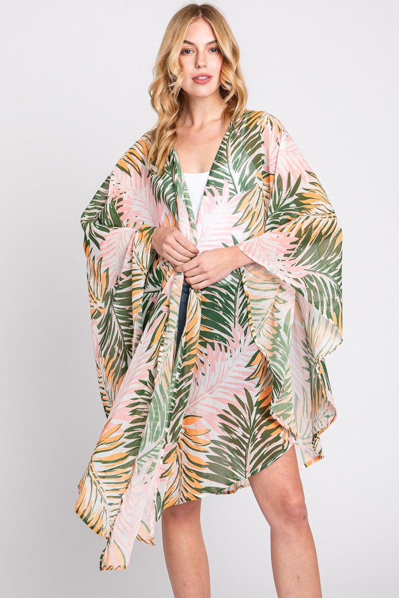 MS0368 Lyla Tropical Leaves Print Kimono - MiMi Wholesale