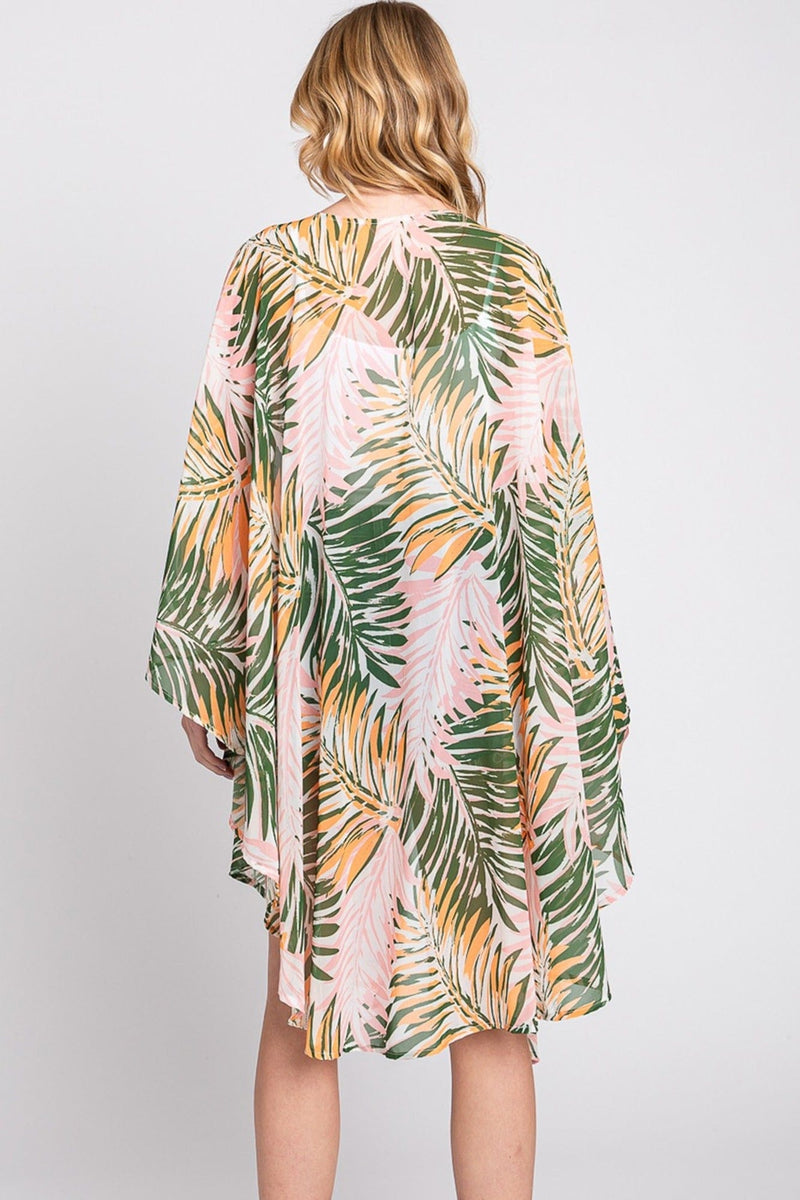 MS0368 Lyla Tropical Leaves Print Kimono - MiMi Wholesale