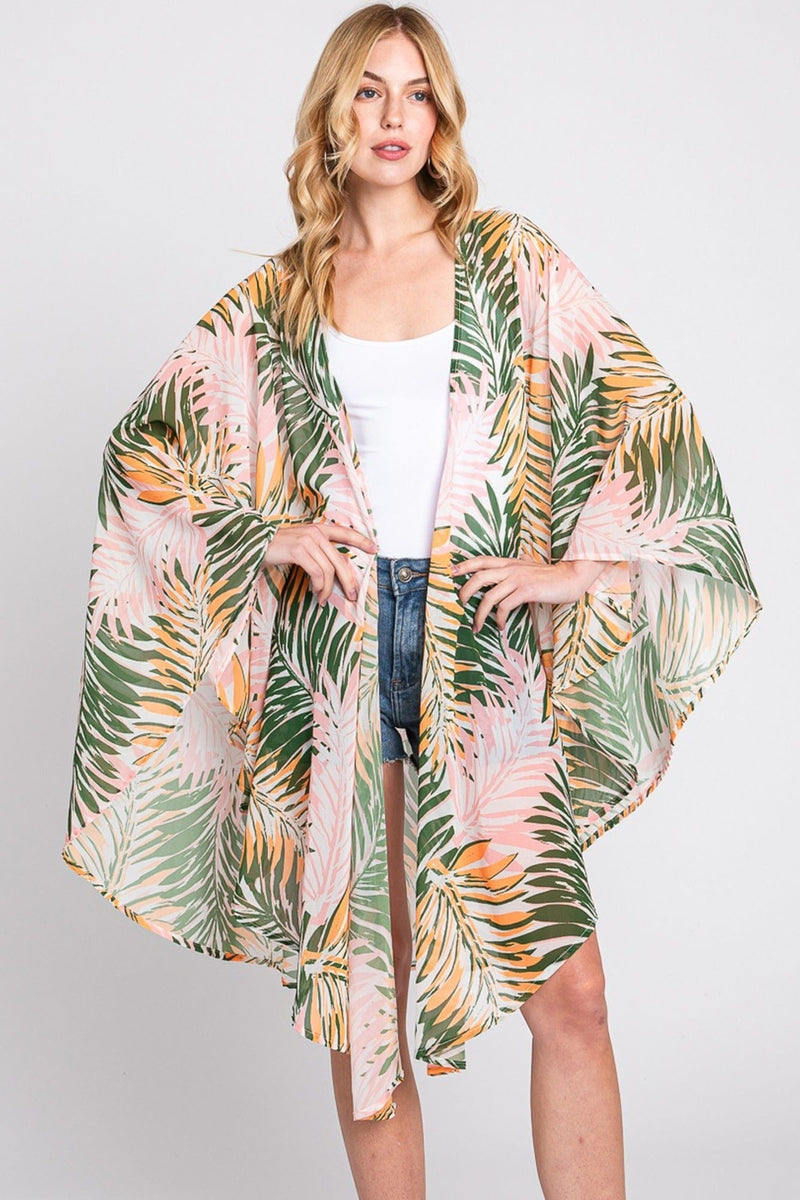 MS0368 Lyla Tropical Leaves Print Kimono - MiMi Wholesale