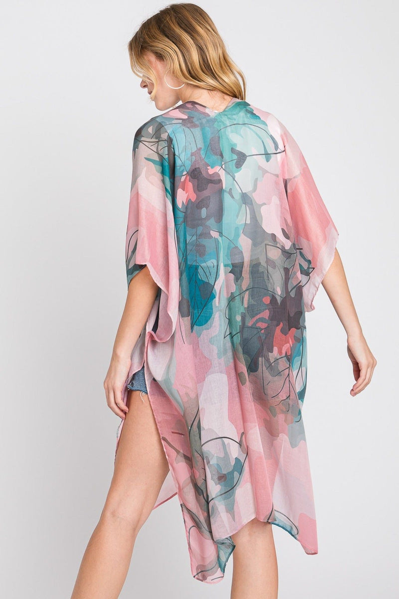 MS0377 Melody Abstract Watercolor Leaves Kimono - MiMi Wholesale