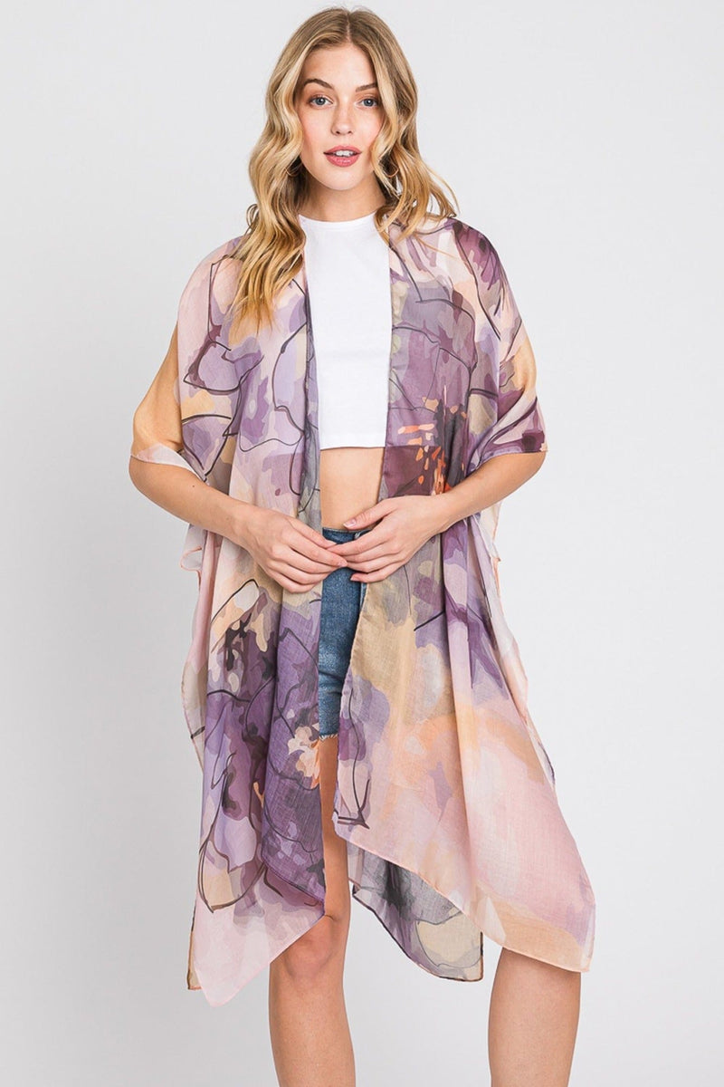 MS0377 Melody Abstract Watercolor Leaves Kimono - MiMi Wholesale