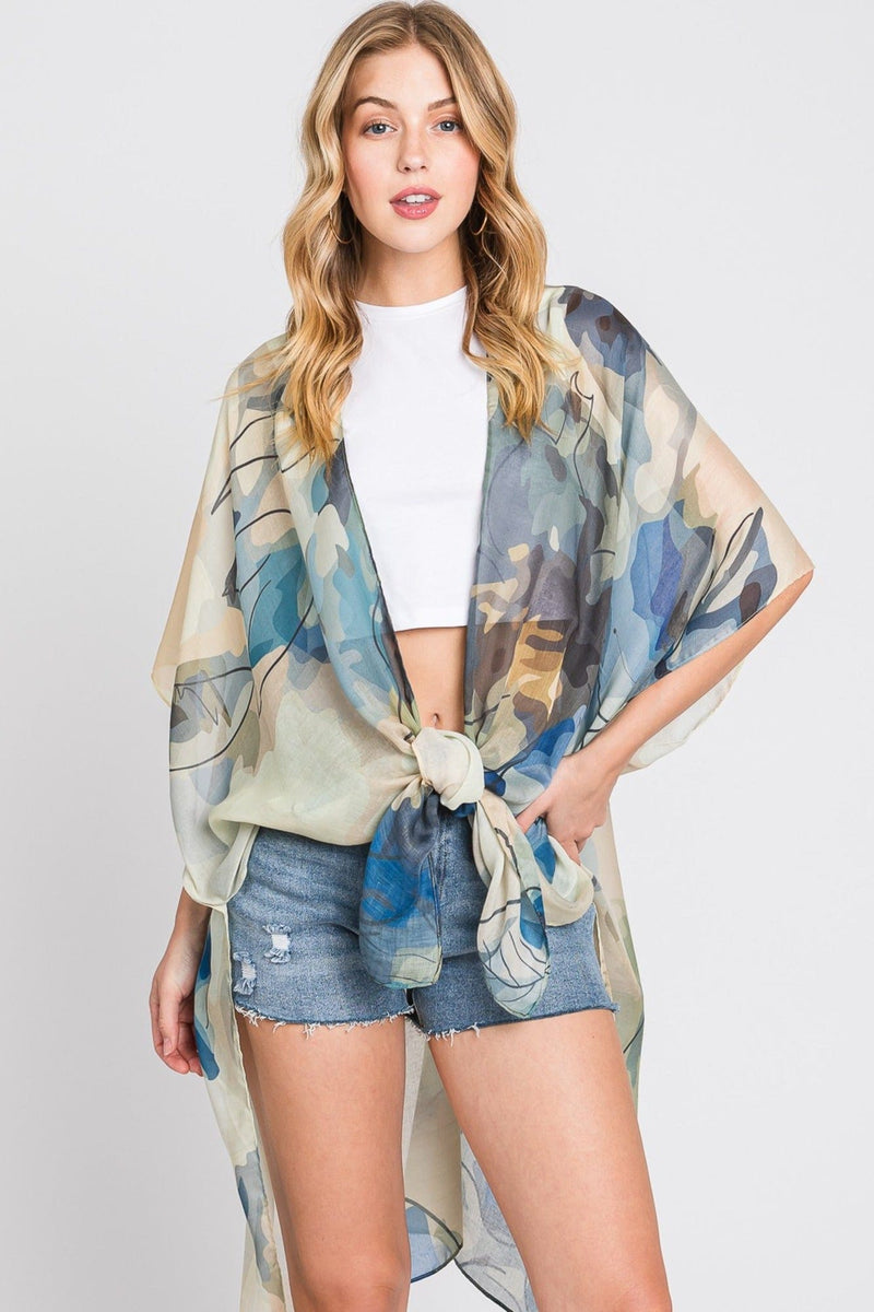 MS0377 Melody Abstract Watercolor Leaves Kimono - MiMi Wholesale