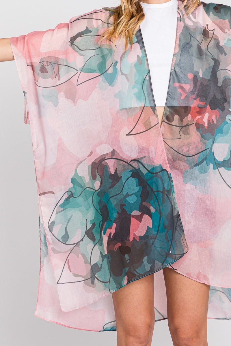 MS0377 Melody Abstract Watercolor Leaves Kimono - MiMi Wholesale