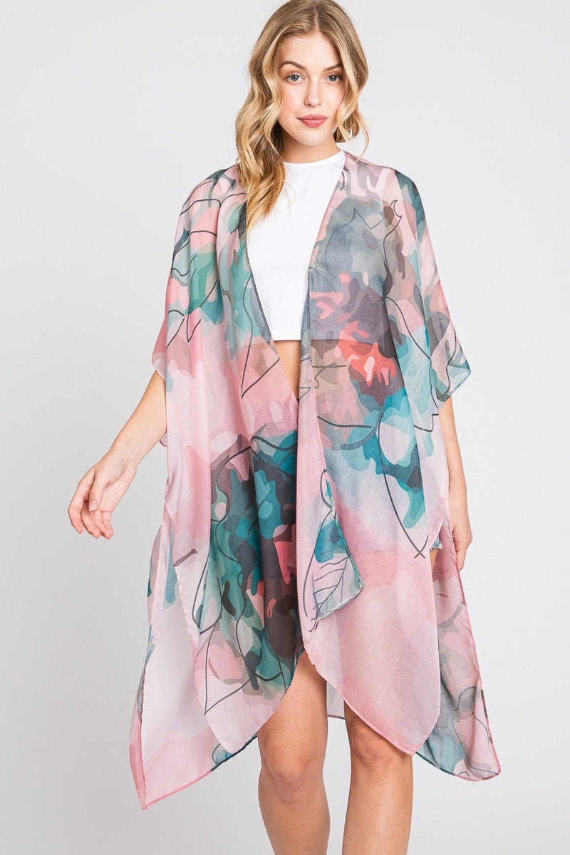 MS0377 Melody Abstract Watercolor Leaves Kimono - MiMi Wholesale