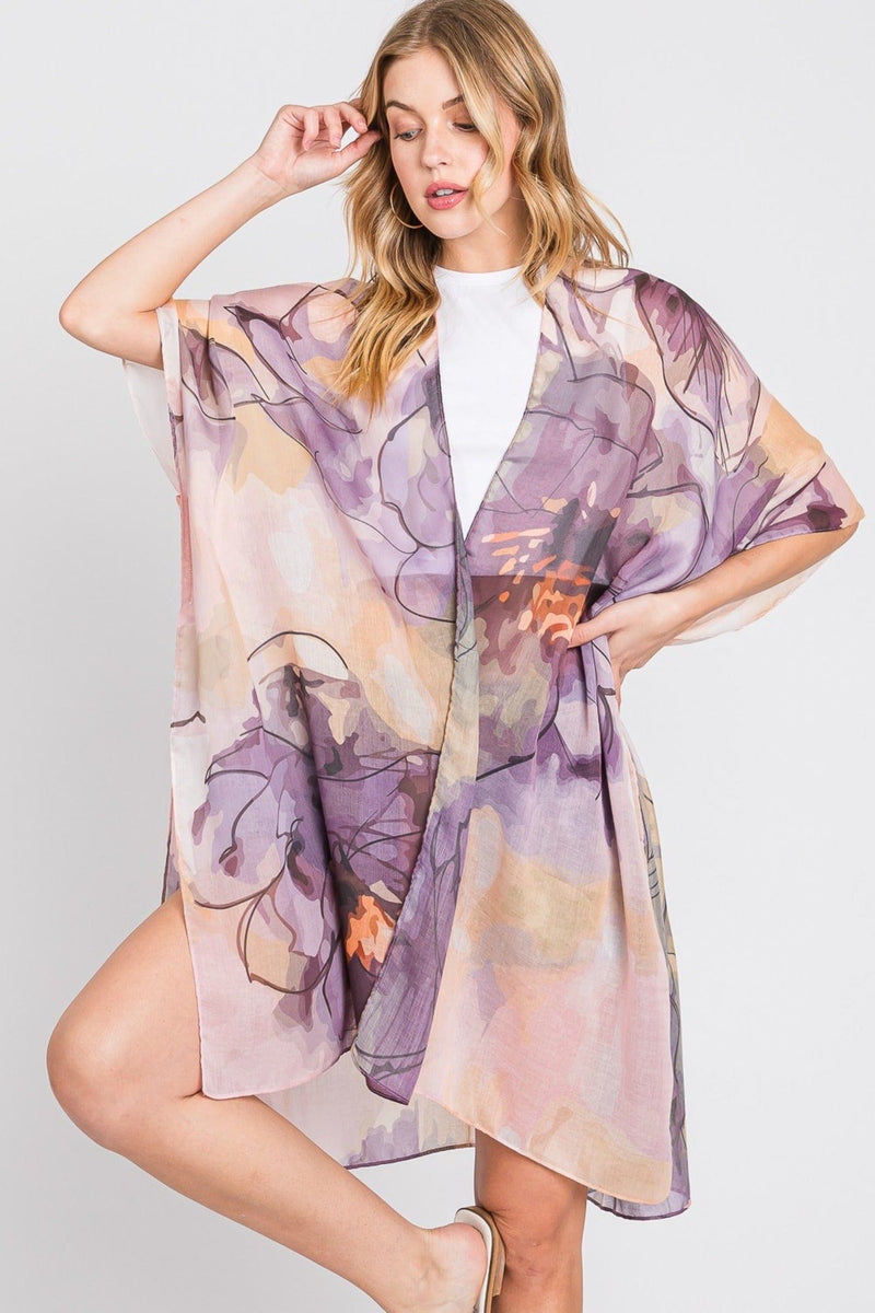 MS0377 Melody Abstract Watercolor Leaves Kimono - MiMi Wholesale
