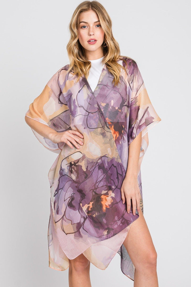 MS0377 Melody Abstract Watercolor Leaves Kimono - MiMi Wholesale