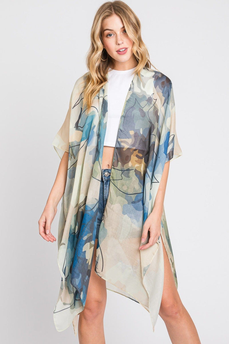 MS0377 Melody Abstract Watercolor Leaves Kimono - MiMi Wholesale