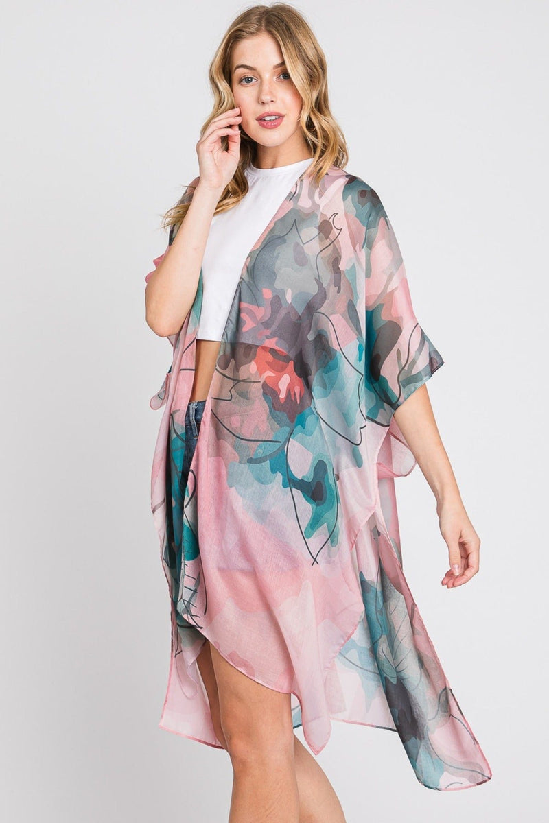 MS0377 Melody Abstract Watercolor Leaves Kimono - MiMi Wholesale