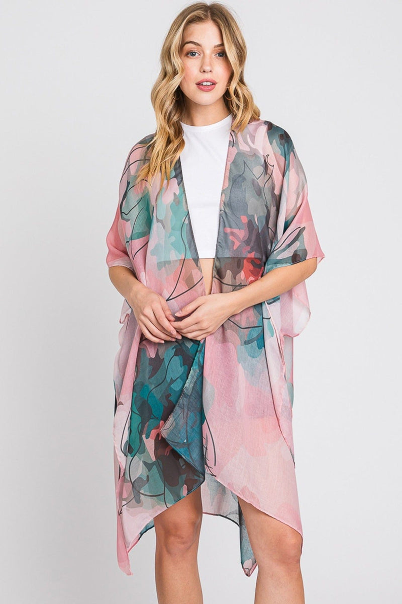MS0377 Melody Abstract Watercolor Leaves Kimono - MiMi Wholesale