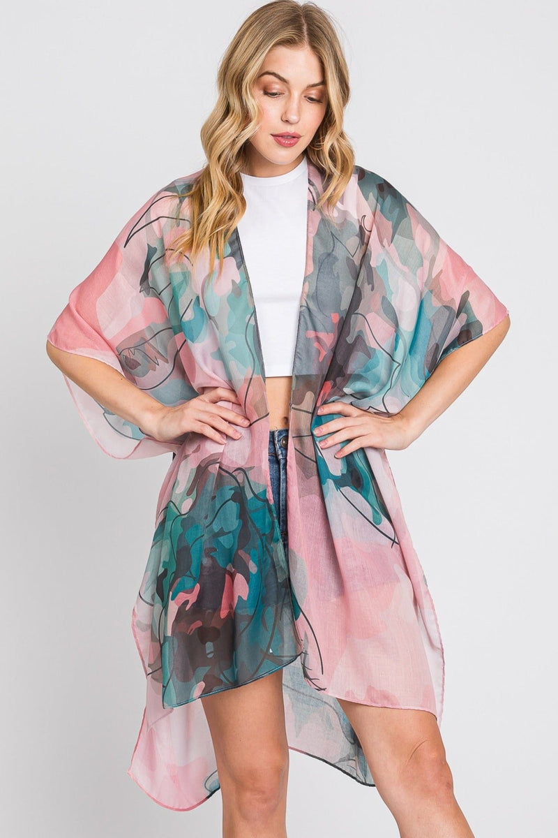 MS0377 Melody Abstract Watercolor Leaves Kimono - MiMi Wholesale