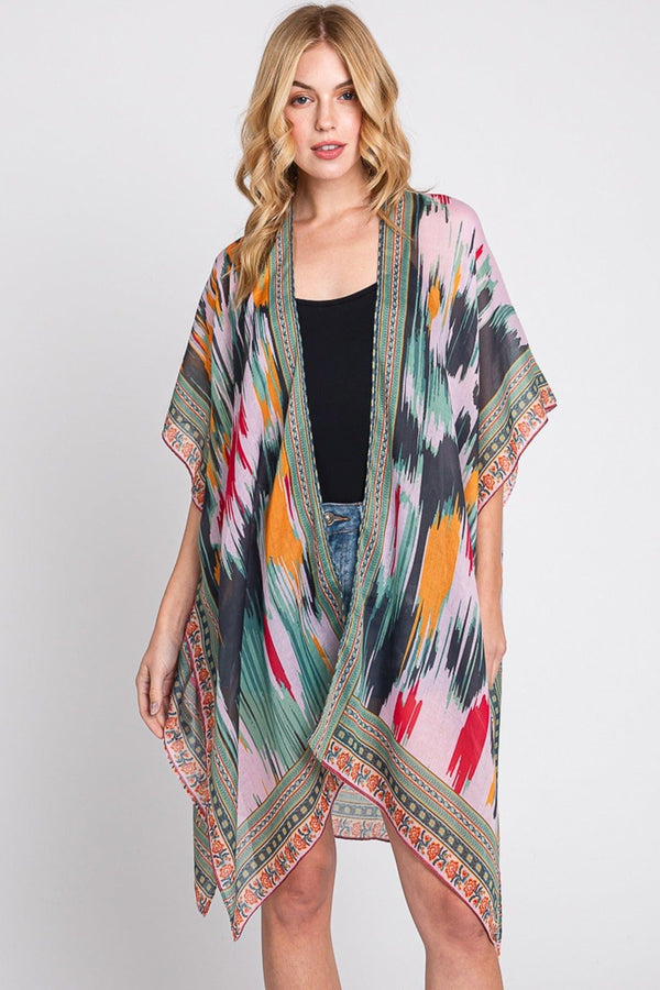 MS0379 Samantha Geometric Trim Tie Dye Kimono - MiMi Wholesale