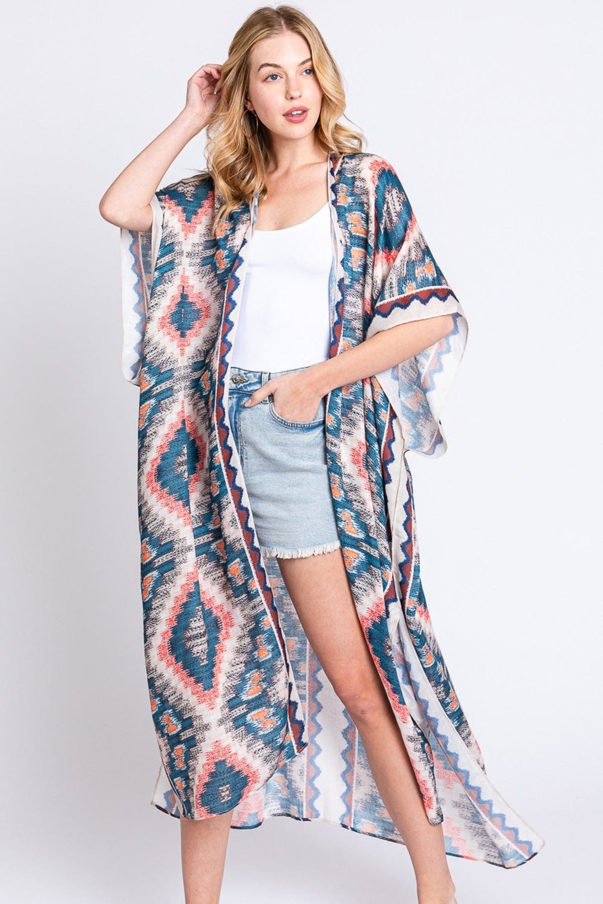 MS0387 Clara Aztec Print Long Kimono - MiMi Wholesale