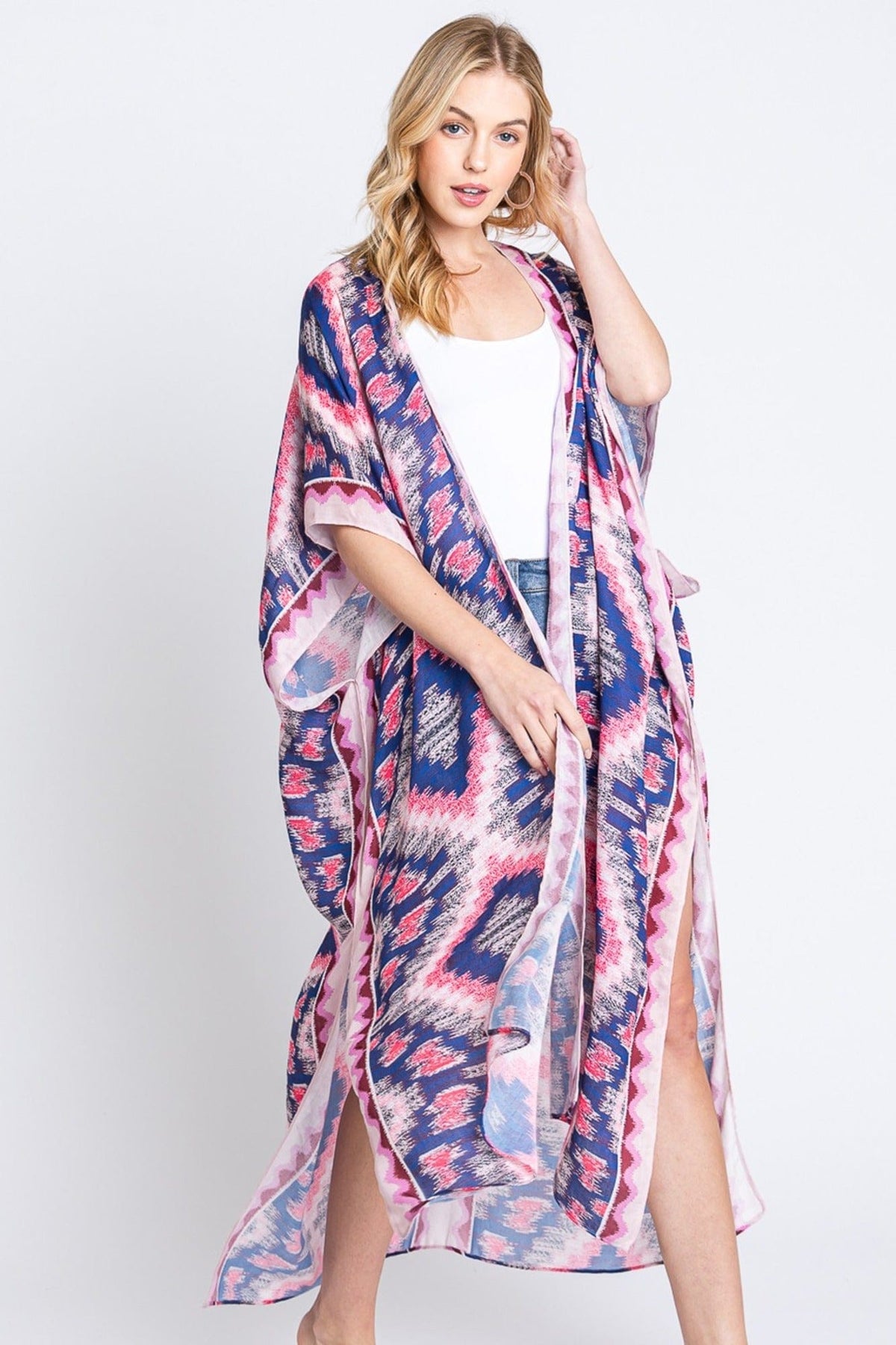MS0387 Clara Aztec Print Long Kimono - MiMi Wholesale