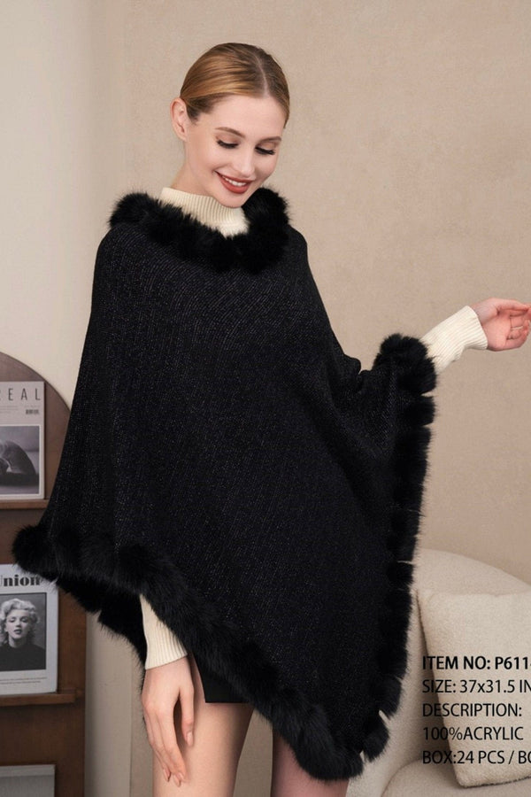 P6114 Caroline Faux Fur Trim Poncho - MiMi Wholesale