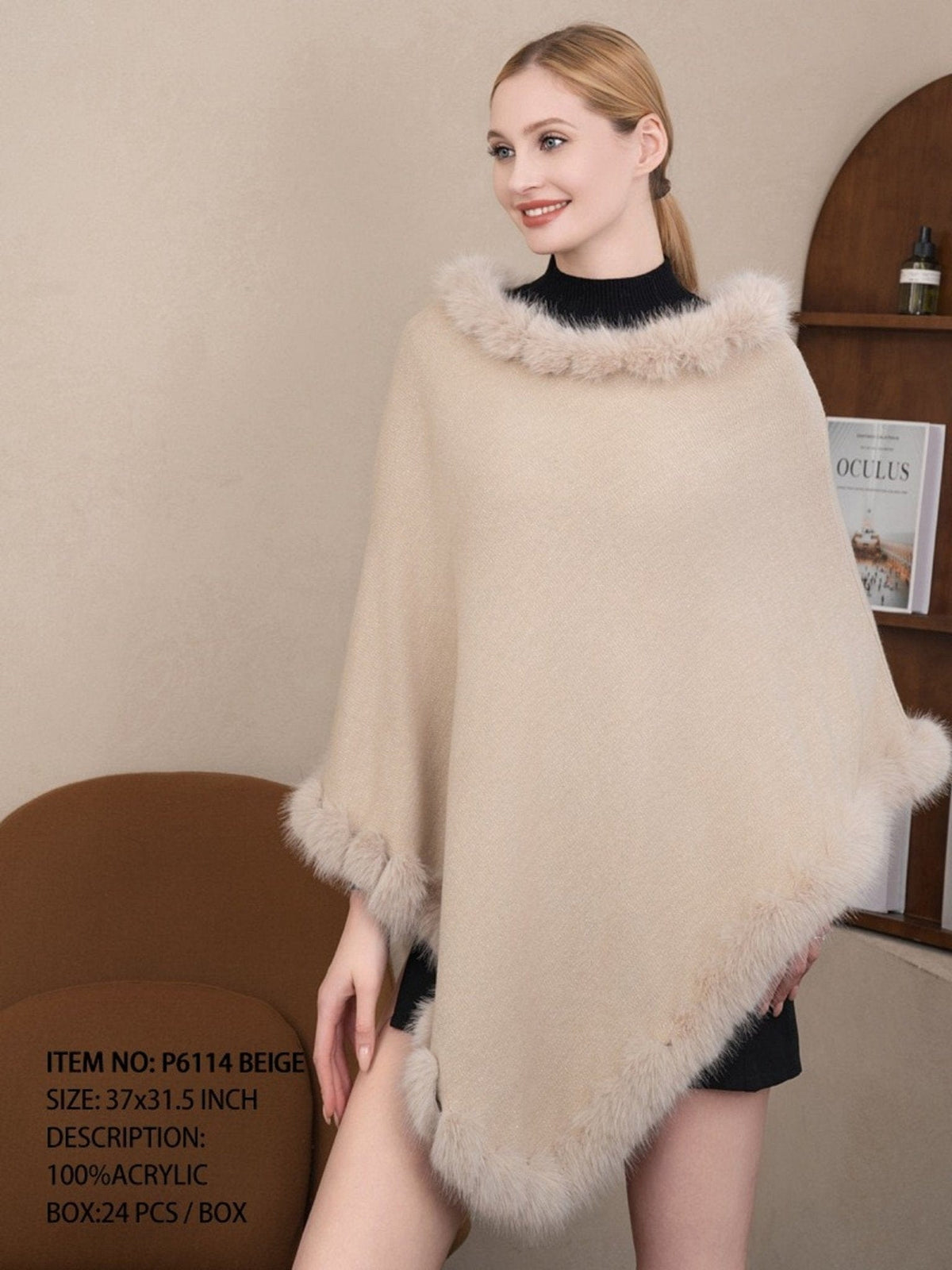 P6114 Caroline Faux Fur Trim Poncho - MiMi Wholesale