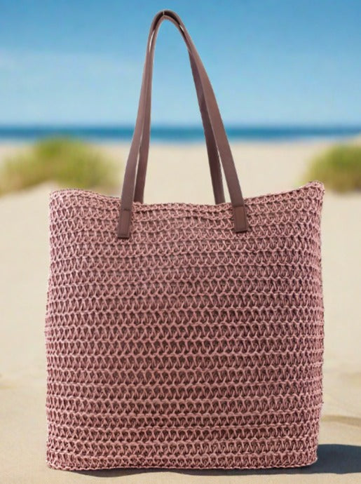 PB0033 Leather Handle Straw Beach Bag/Tote - MiMi Wholesale