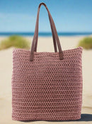 PB0033 Leather Handle Straw Beach Bag/Tote - MiMi Wholesale