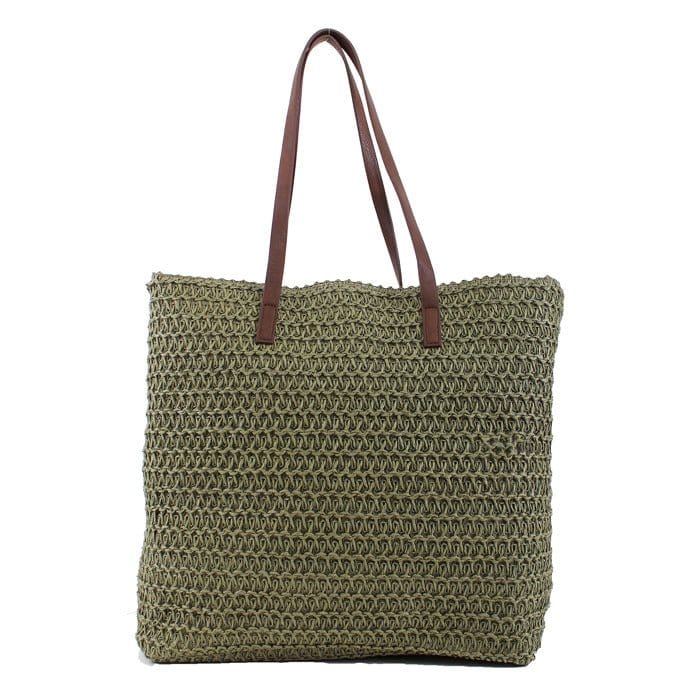 PB0033 Leather Handle Straw Beach Bag/Tote - MiMi Wholesale