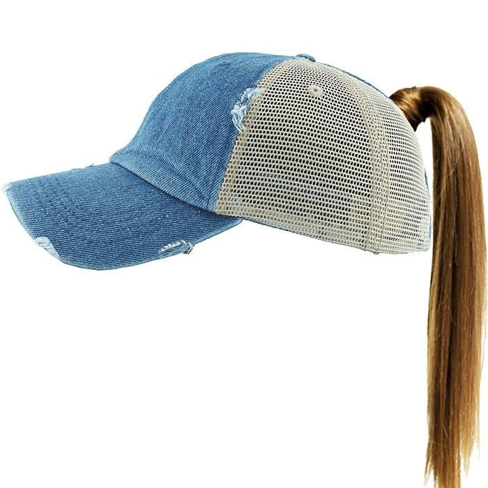 PONY002M Ponytail Distressed Mesh Cotton Cap - MiMi Wholesale