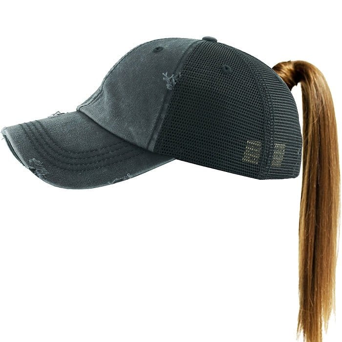 PONY002M Ponytail Distressed Mesh Cotton Cap - MiMi Wholesale