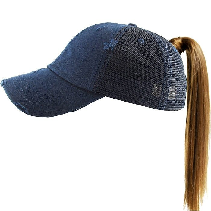 PONY002M Ponytail Distressed Mesh Cotton Cap - MiMi Wholesale