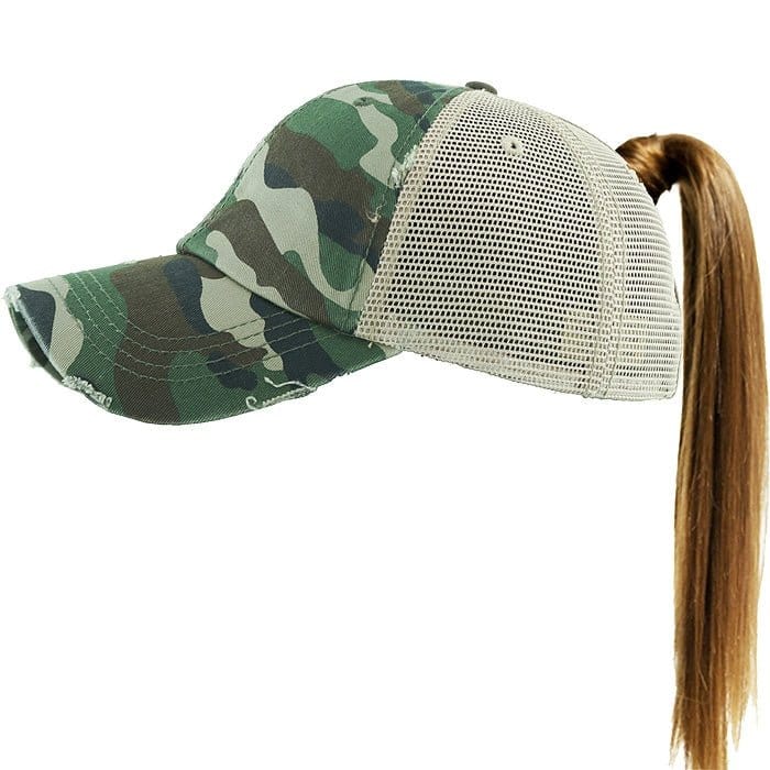 PONY002M Ponytail Distressed Mesh Cotton Cap - MiMi Wholesale