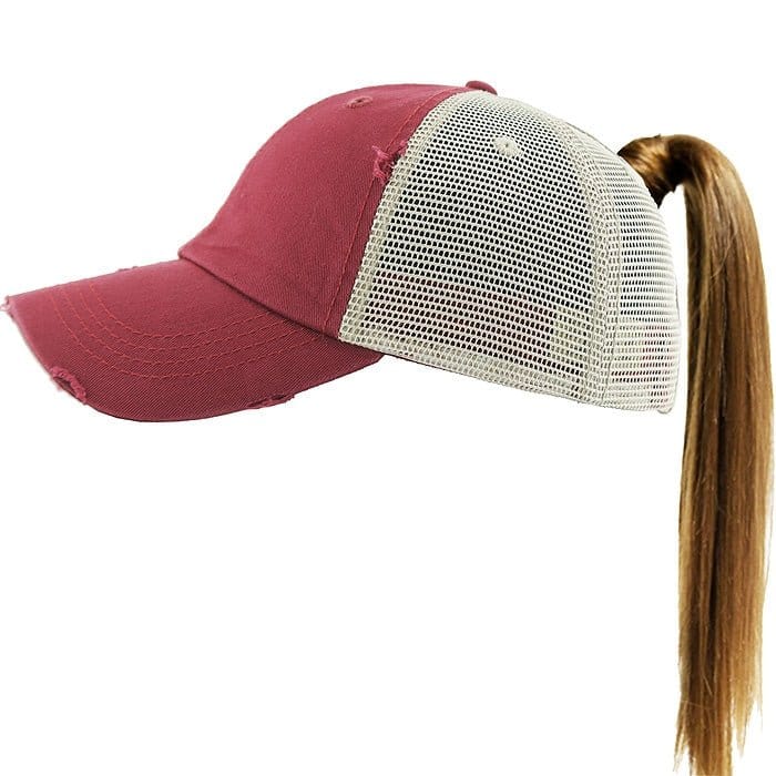 PONY002M Ponytail Distressed Mesh Cotton Cap - MiMi Wholesale