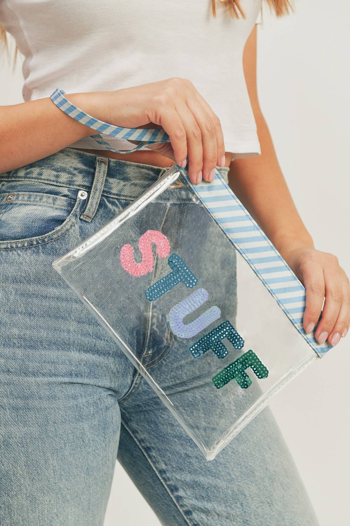 Sequin Letter Blue Trim Clear Pouch - MiMi Wholesale