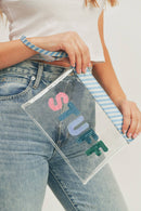 Sequin Letter Blue Trim Clear Pouch - MiMi Wholesale