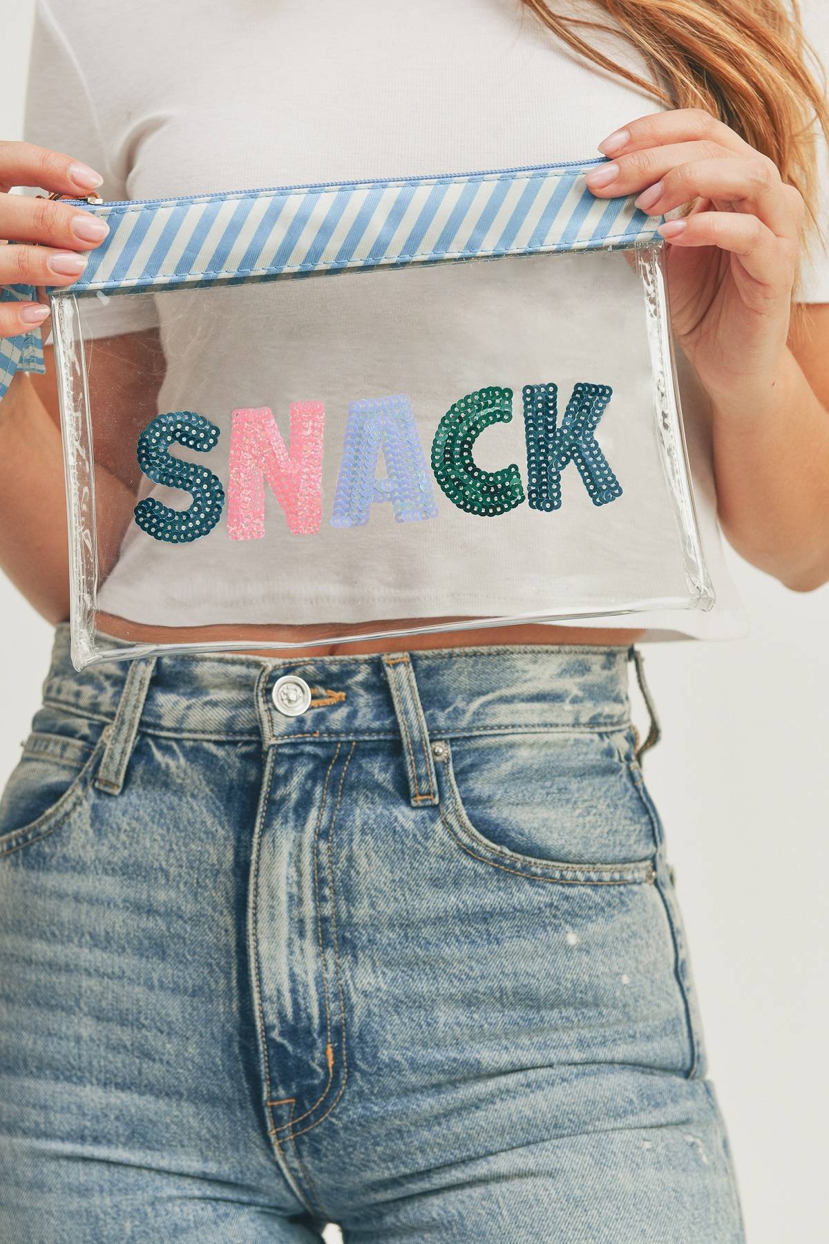 Sequin Letter Blue Trim Clear Pouch - MiMi Wholesale