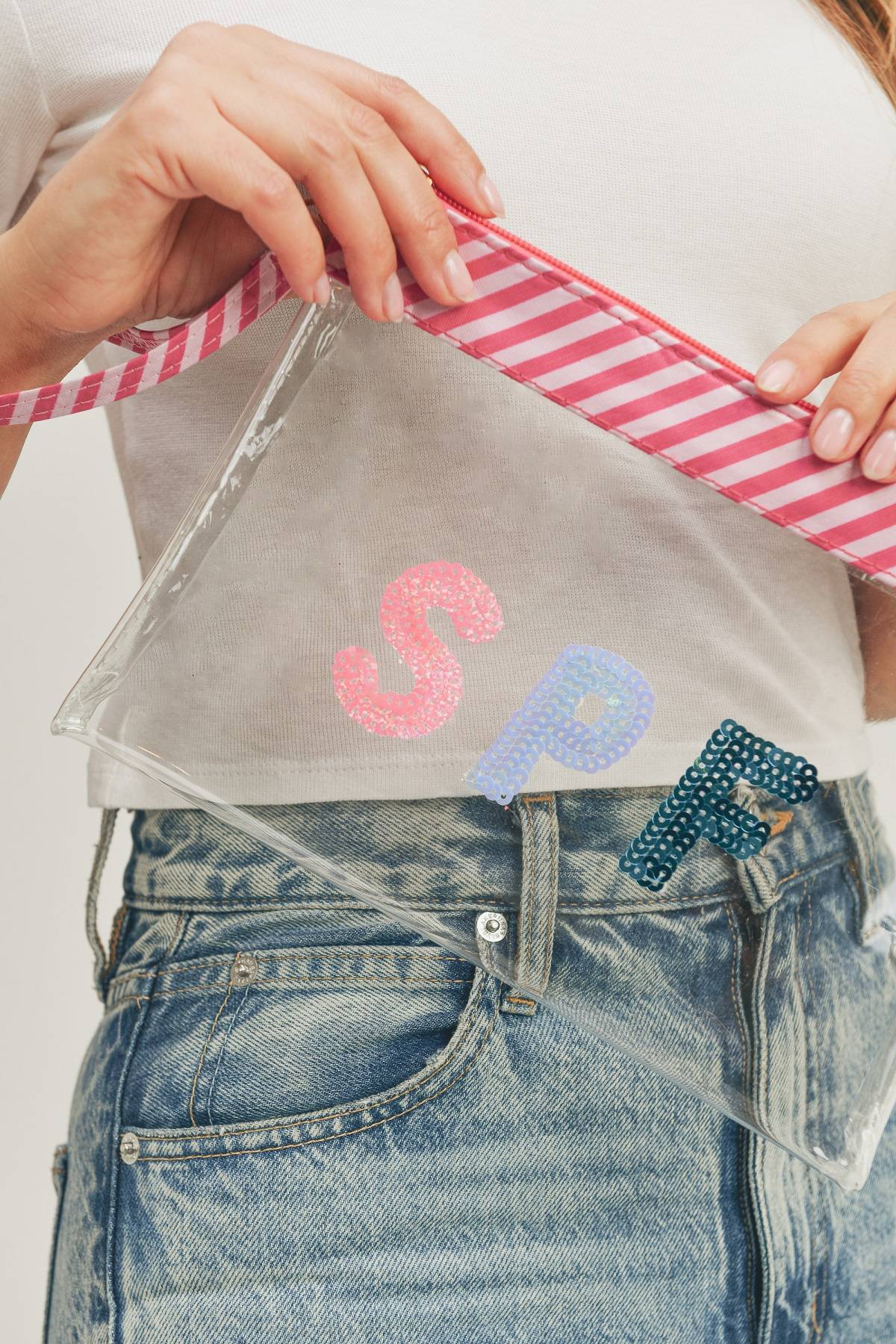 Sequin Letter Pink Trim Clear Pouch - MiMi Wholesale