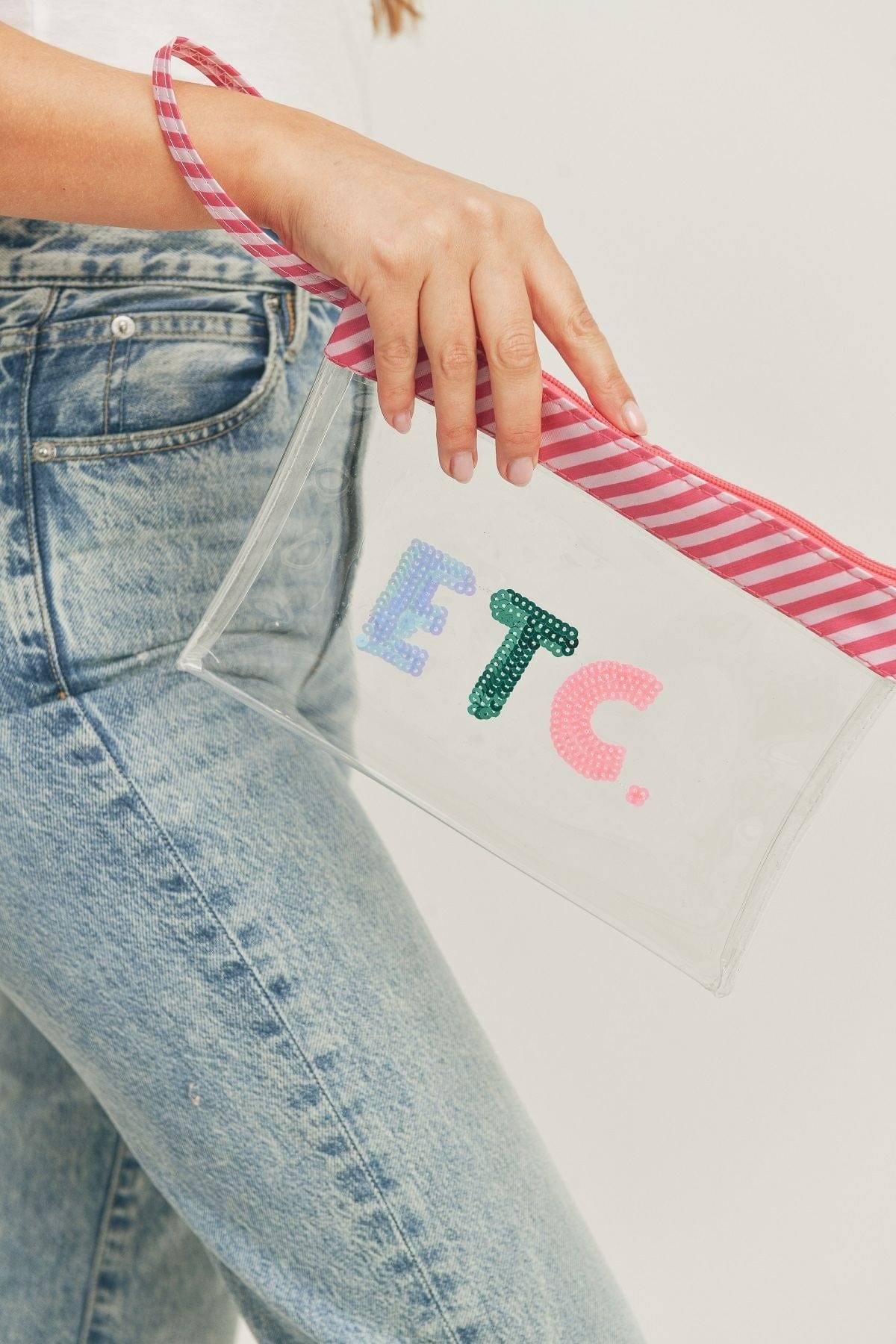 Sequin Letter Pink Trim Clear Pouch - MiMi Wholesale