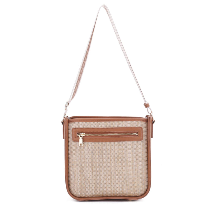 SW20383 Straw Crossbody Zipper Bag With Patterned Strap - MiMi Wholesale