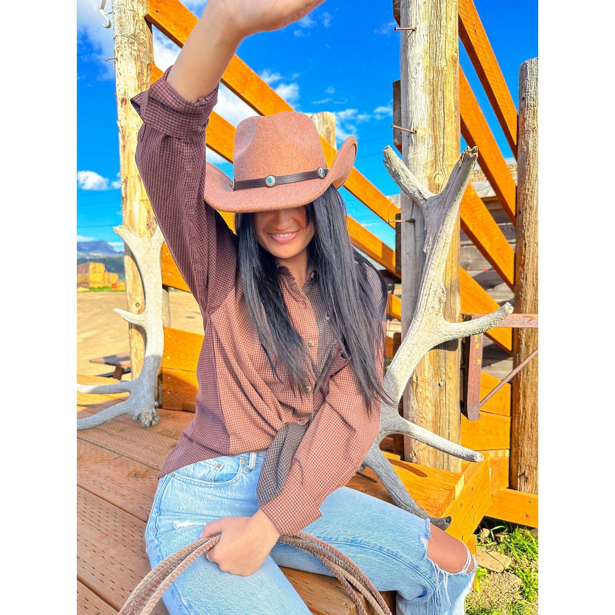 VCE0061 Felicia Felt Cowboy Hat With Aztec Bead Trim - MiMi Wholesale