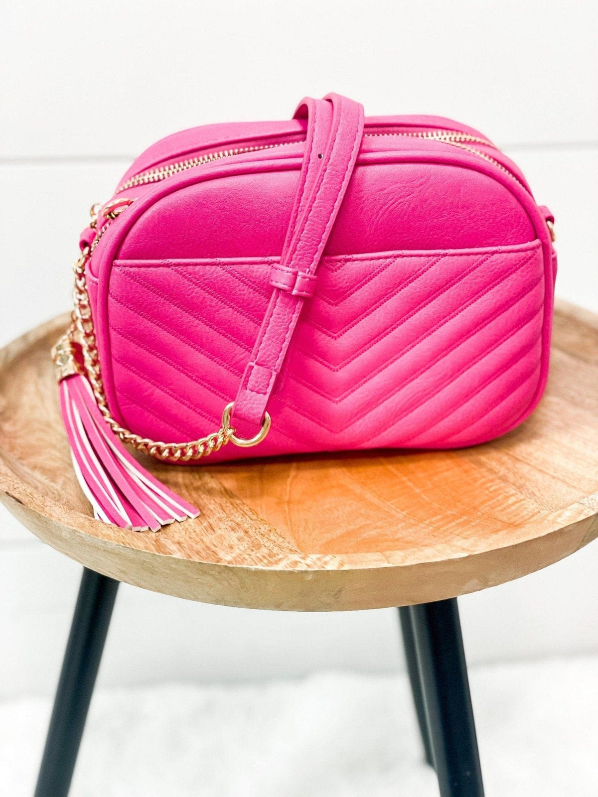 WU121 Veronica Double Zipper V Pattern Stitch Tassel Crossbody Bag - MiMi Wholesale