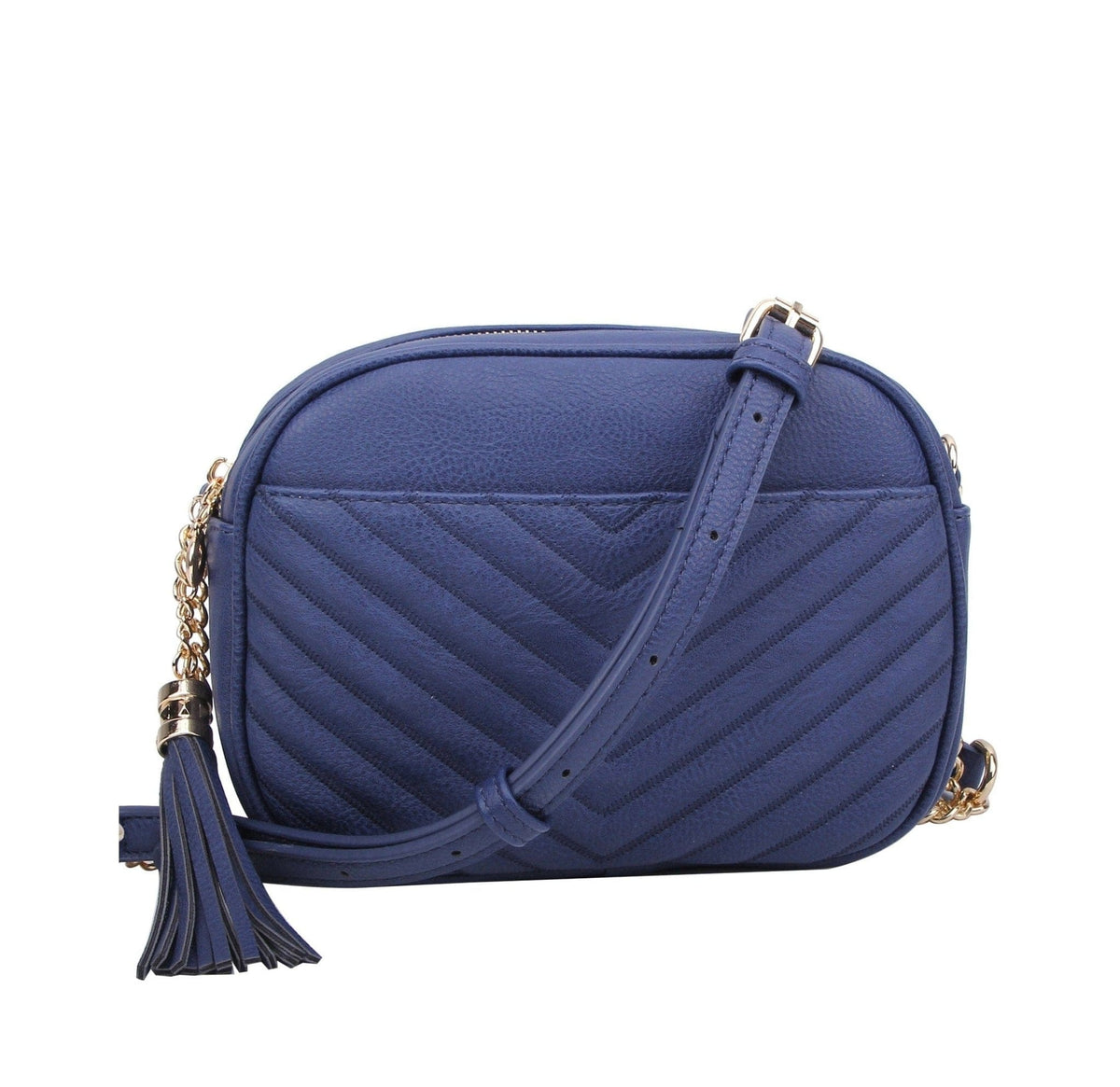 WU121 Veronica Double Zipper V Pattern Stitch Tassel Crossbody Bag - MiMi Wholesale