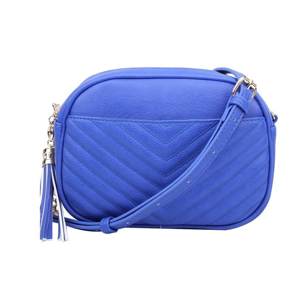 WU121 Veronica Double Zipper V Pattern Stitch Tassel Crossbody Bag - MiMi Wholesale