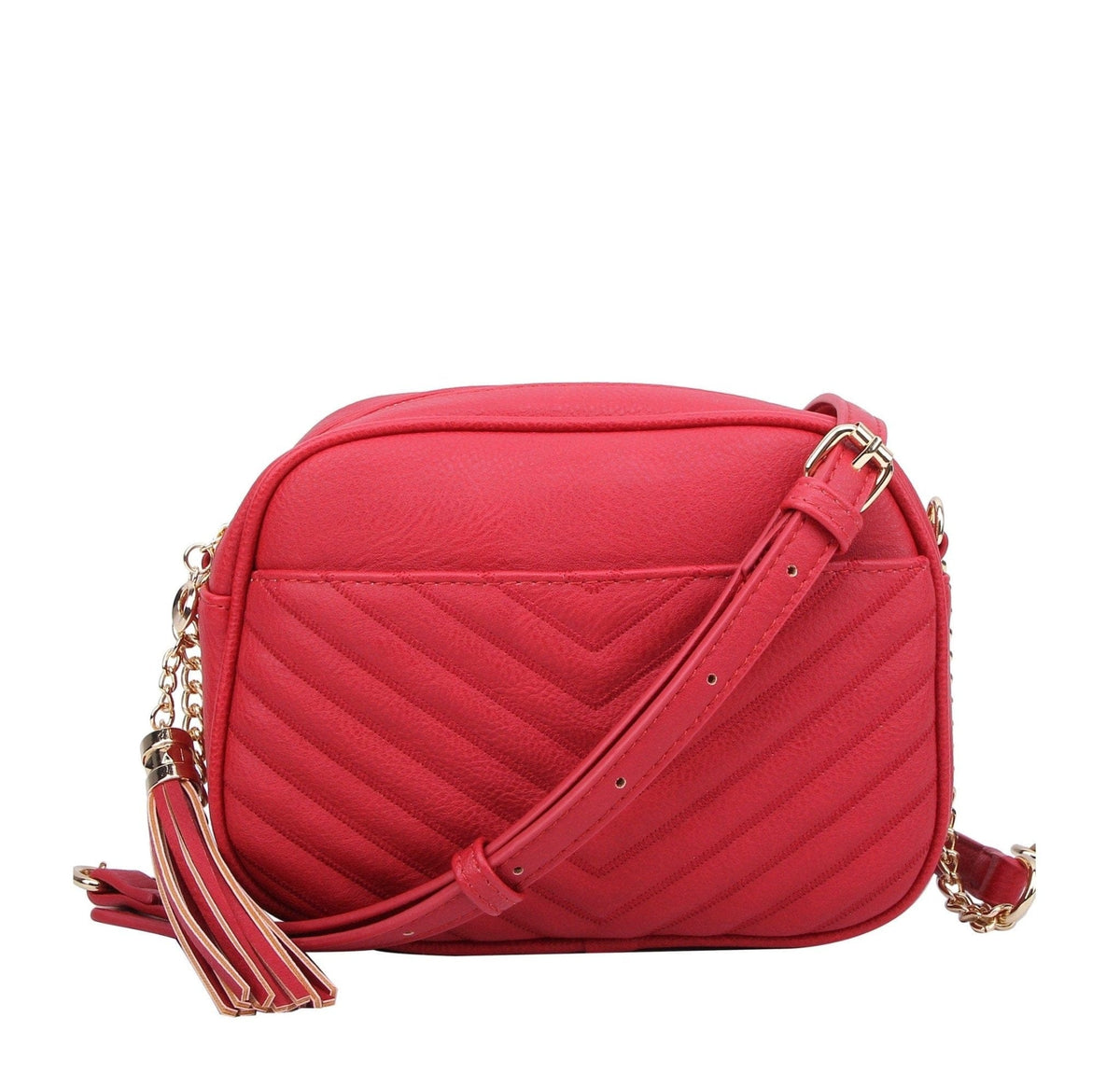 WU121 Veronica Double Zipper V Pattern Stitch Tassel Crossbody Bag - MiMi Wholesale