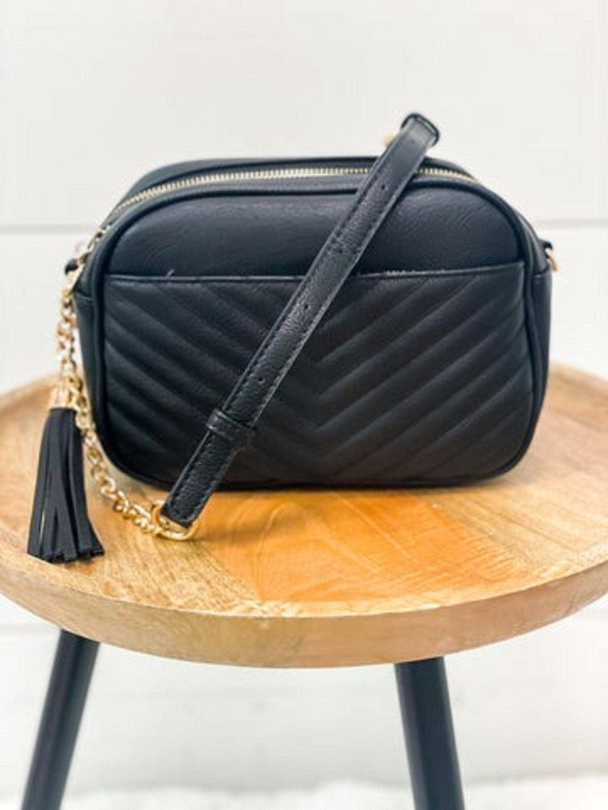 WU121 Veronica Double Zipper V Pattern Stitch Tassel Crossbody Bag - MiMi Wholesale