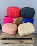 WU121 Veronica Double Zipper V Pattern Stitch Tassel Crossbody Bag - MiMi Wholesale