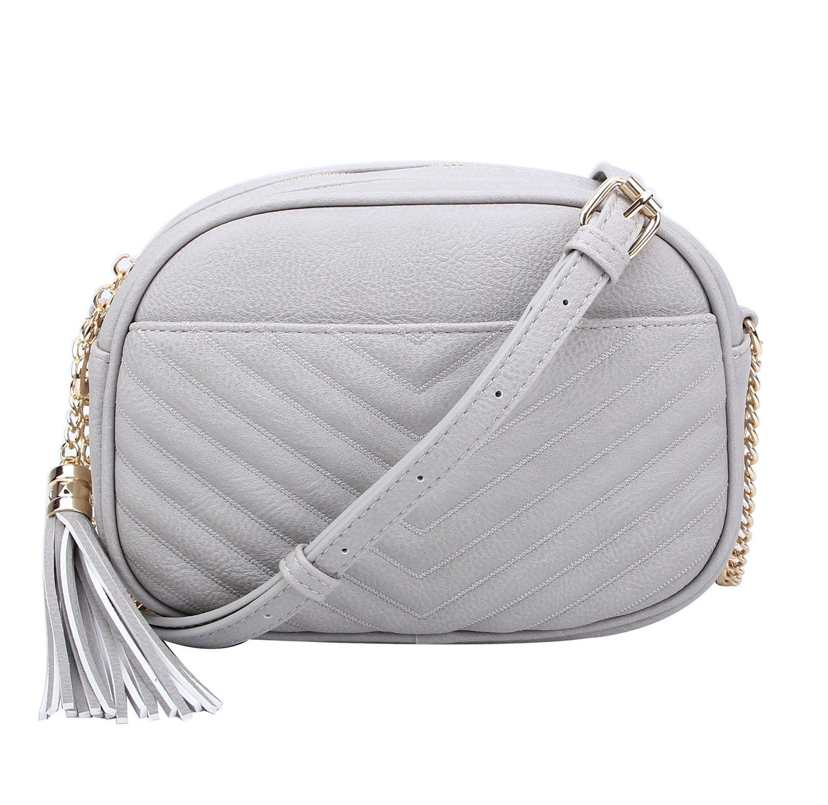 WU121 Veronica Double Zipper V Pattern Stitch Tassel Crossbody Bag - MiMi Wholesale