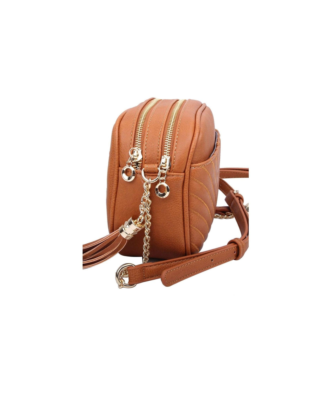 WU121 Veronica Double Zipper V Pattern Stitch Tassel Crossbody Bag - MiMi Wholesale
